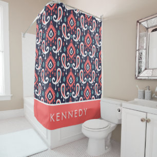 Rideaux De Douche Monogramme de la marine et du corail Ikat Paisley