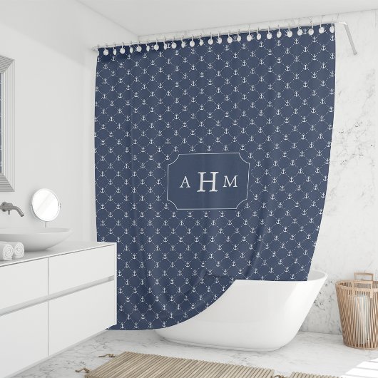 Rideaux De Douche Monogramme de Motif d'Ancres de marine et blanc