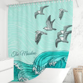 Rideaux De Douche Monogramme de mouettes et de vagues océaniques