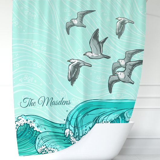 Rideaux De Douche Monogramme de mouettes et de vagues océaniques