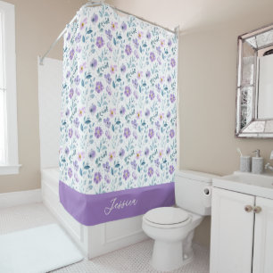 Rideaux De Douche Monogramme de nom de fleur sauvage aquarelle verte