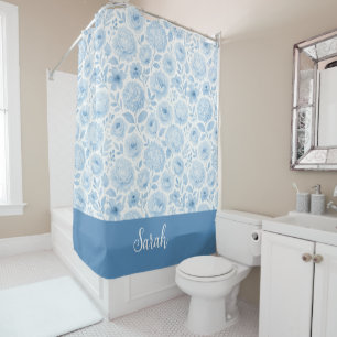 Rideaux De Douche Monogramme de nom floral aquarelle bleu blanc