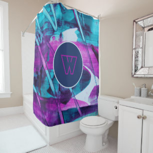 Rideaux De Douche Monogramme de pinceau bleu rose Abstrait moderne