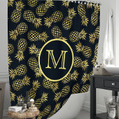 Rideaux De Douche Monogramme de Pineapple Bleu Marine et Or