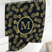 Rideaux De Douche Monogramme de Pineapple Bleu Marine et Or