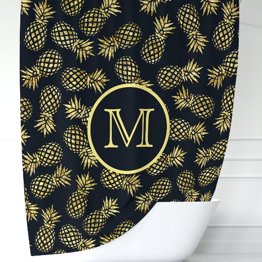 Rideaux De Douche Monogramme de Pineapple Bleu Marine et Or