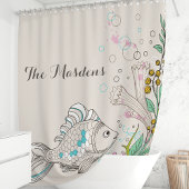 Rideaux De Douche Monogramme de poissons nautiques algues corail océ