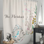 Rideaux De Douche Monogramme de poissons nautiques algues corail océ