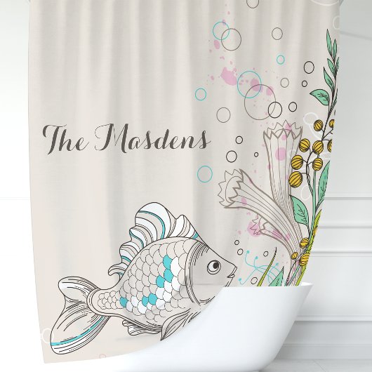 Rideaux De Douche Monogramme de poissons nautiques algues corail océ
