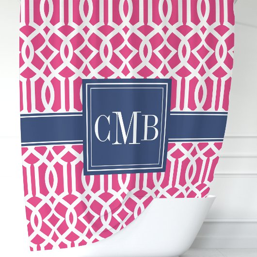Rideaux De Douche Monogramme de Trellis marocain Hot Pink et Navy