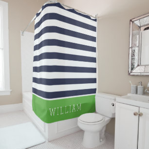 Rideaux De Douche Monogramme des rayures de la marine et verte