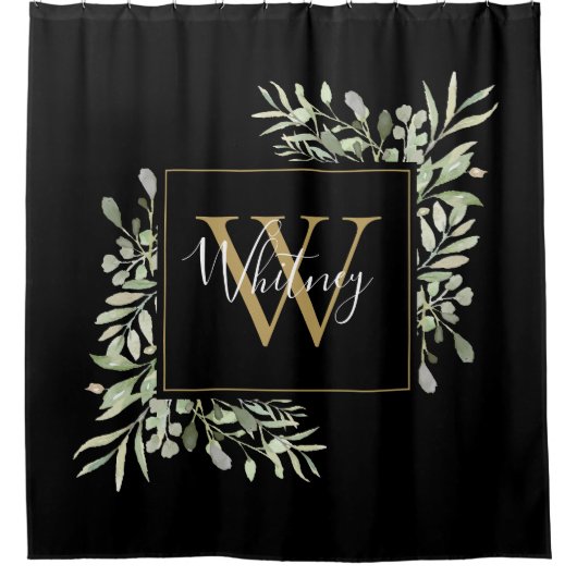 Rideaux De Douche Monogramme d'or noir Vert Floral (Devant)