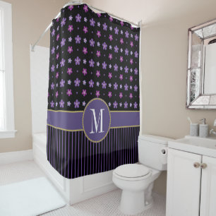 Rideaux De Douche Monogramme d'or rayé noir violet unique