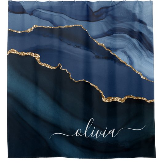 Rideaux De Douche Monogramme doré géode d'agate bleu marine (Devant)