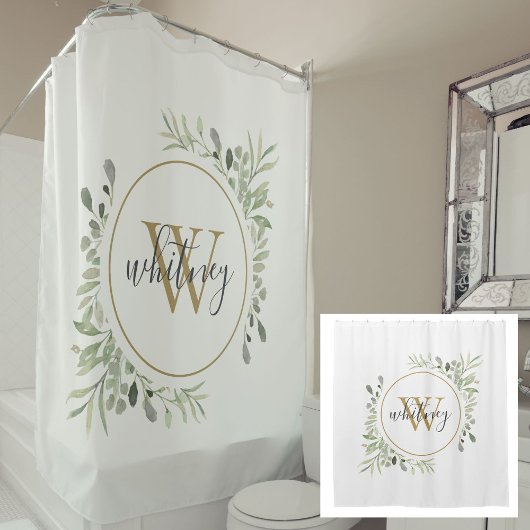 Rideaux De Douche Monogramme doré script chic avec verdure aquarelle