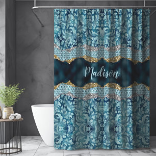 Rideaux De Douche Monogramme doré turquoise sarcelle pailleté floral