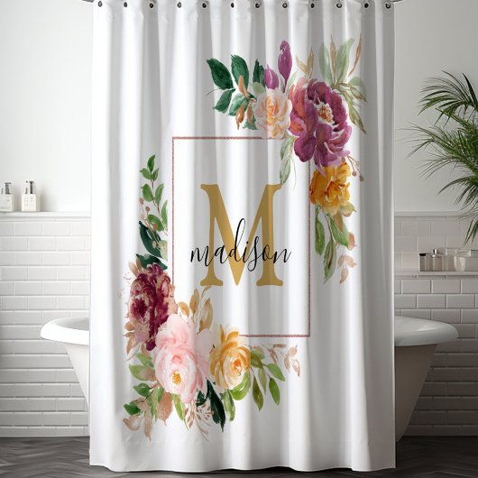 Rideaux De Douche Monogramme Elegant Aquarelle Rose Floral Botanique