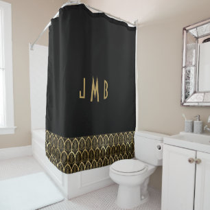 Rideaux De Douche Monogramme Élégant Art Déco Gatsby noir et or
