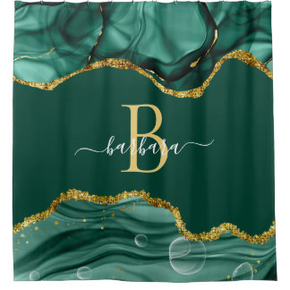 Rideaux De Douche Monogramme élégant en agate verte émeraude or Nom