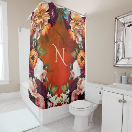 Rideaux De Douche Monogramme Elegant Floral Botanique Rustique Vinta (En situation)