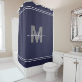 Rideaux De Douche Monogramme Élégant Nom Bleu Marine (En situation)