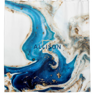 Rideaux De Douche Monogramme en marbre bleu blanc Abstrait