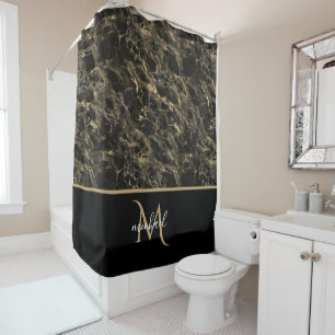 Rideaux De Douche Monogramme en marbre noir et or Elégant luxe
