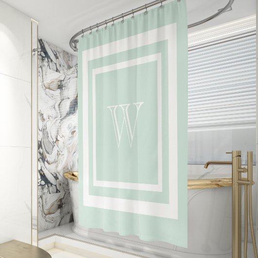 Rideaux De Douche Monogramme encadré blanc vert de mer