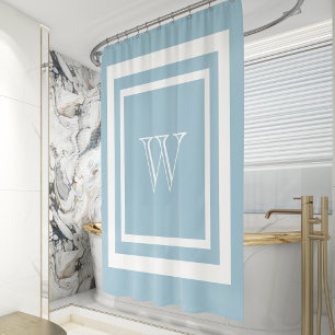 Rideaux De Douche Monogramme encadré bleu aigue-marine blanc