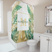 Rideaux De Douche Monogramme Feuille Tropical Vert Or Moderne (En situation)