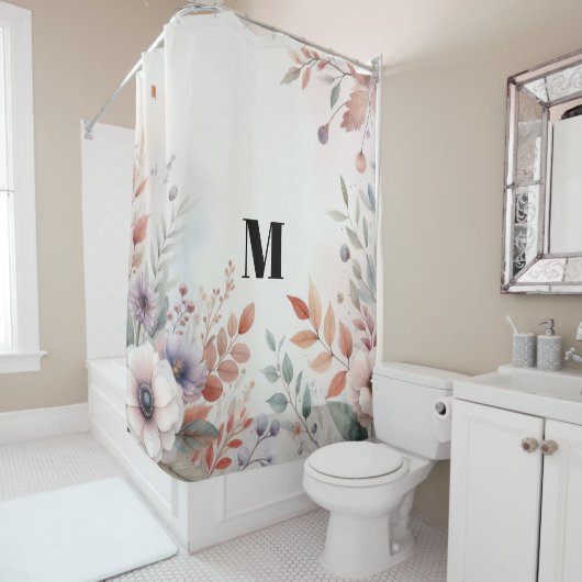 Rideaux De Douche Monogramme Feuilles de automne et fleurs aquarelle (En situation)
