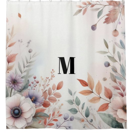 Rideaux De Douche Monogramme Feuilles de automne et fleurs aquarelle (Devant)