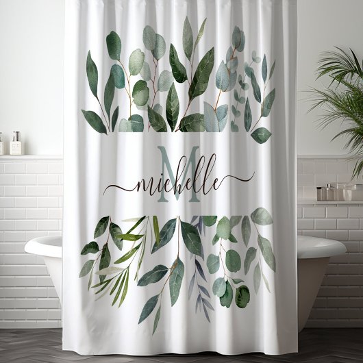 Rideaux De Douche Monogramme feuilles de verdure d'eucalyptus vert s