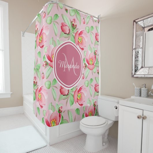 Rideaux De Douche Monogramme Fleur de Pommier Rose (En situation)