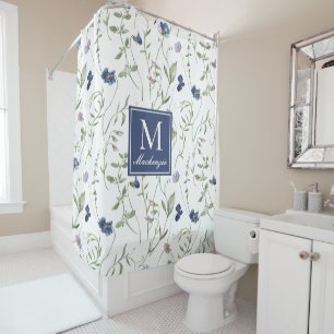 Rideaux De Douche Monogramme Fleur Sauvage Aquarelle Violet Bleu Ser