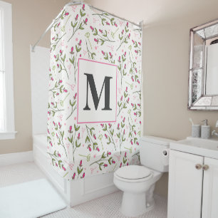 Rideaux De Douche Monogramme Fleur sauvage rose et vert à longue tig