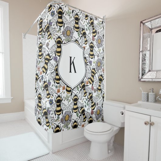 Rideaux De Douche Monogramme floral abeille à bourdons (En situation)