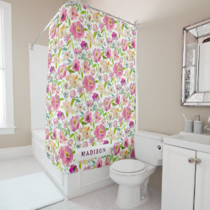 Rideaux De Douche Monogramme floral chic à la menthe et rose pâle