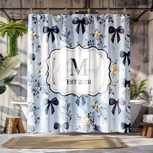 Rideaux De Douche Monogramme Floral Élégant avec Ruban Bleu Personna