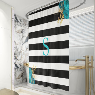 Rideaux De Douche Monogramme Floral Or Turquoise Rayures Noires et B