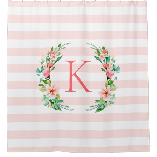 Rideaux De Douche Monogramme floral paradis et rayures (Devant)