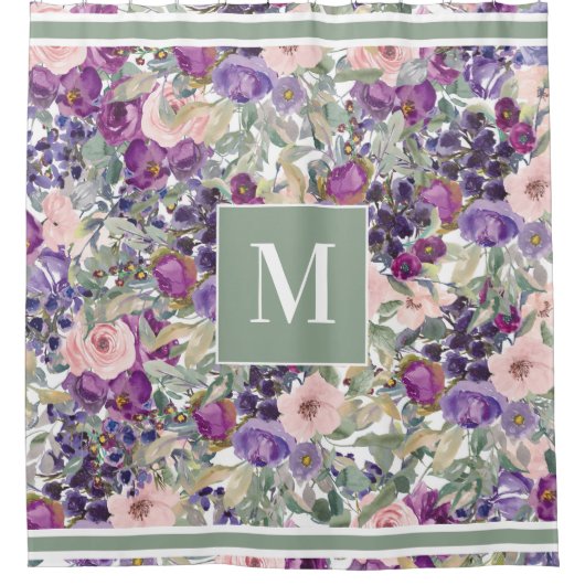 Rideaux De Douche Monogramme Floral rose pourpre Boho vert (Devant)