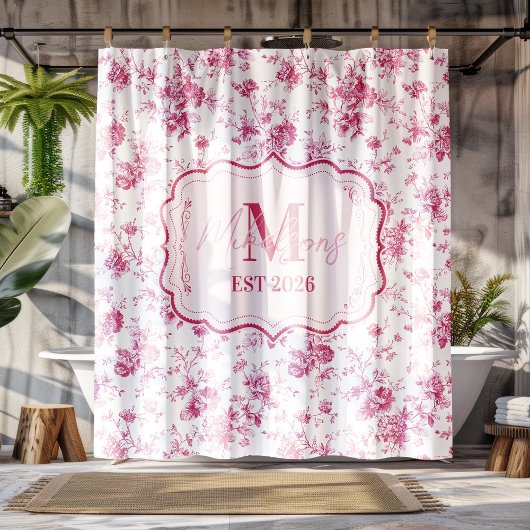 Rideaux De Douche Monogramme floral toile rose
