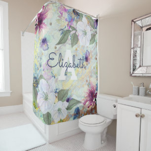 Rideaux De Douche Monogramme floral vintage d'aquarelle verte