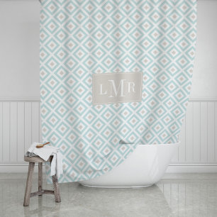 Rideaux De Douche Monogramme géométrique bleu clair et beige
