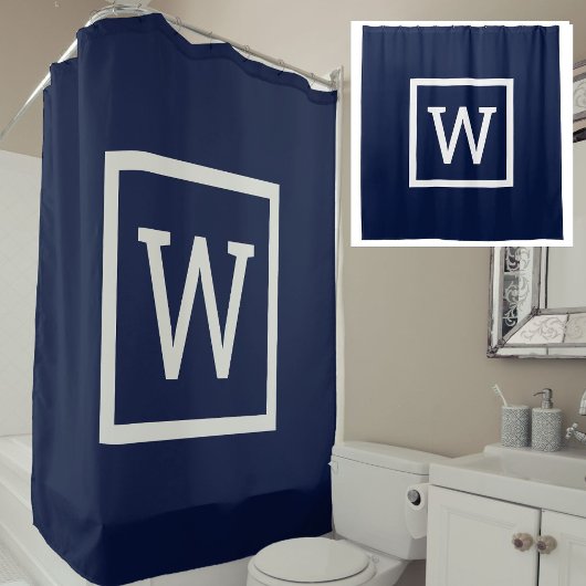 Rideaux De Douche Monogramme graphique marine à bordure prépa