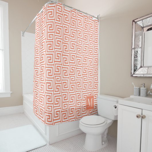Rideaux De Douche Monogramme grec Prépa – Corail et Blanc (En situation)