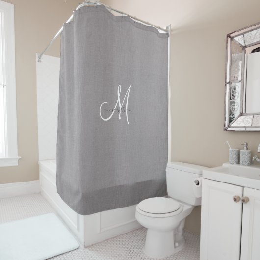 Rideaux De Douche Monogramme Gris Blanc Script Faux Lin (En situation)