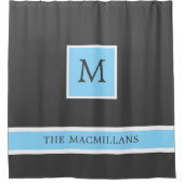 Rideaux De Douche Monogramme gris et bleu clair avec douche à rayure (Devant)