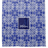 Rideaux De Douche Monogramme Initial Bleu Gris Géométrique Élégant (Devant)